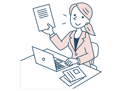 パソコンの前に座り、書類を掲げている女性のイラスト