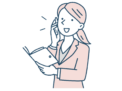 ノートを片手に持ち、電話をしている女性のイラスト