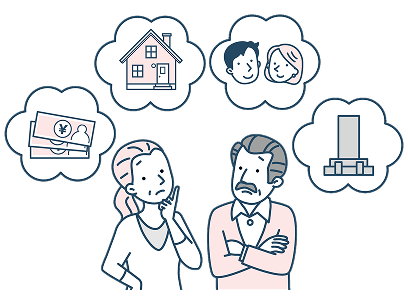 将来設計に悩む老夫婦のイラスト。家、家族、お金、お墓など、将来への不安や希望を抱える様子