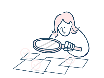 拡大鏡を使って、書類を見ている女性のイラスト